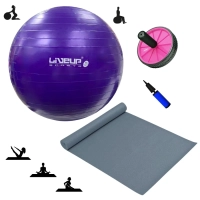 Kit Bola Sua 55cm Pilates + Mini Bomba + Colchonete Eva 4mm Cinza + Roda Abdominal Rosa Treino