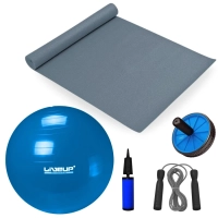 Kit Bola Suia 65 Cm + Corda de Pular + Colchonete Eva Cinza + Roda Abdominal + Mini Bomba