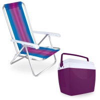 Kit Cadeira de Praia Alumnio 4 Posies + Caixa Trmica 34 Litros Cor Aai para Parque, Camping