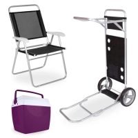 Kit Carrinho com Avano + Cadeira de Praia Alumnio 120kg + Caixa Trmica 34 Lts Cor Aai