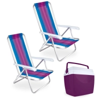 Kit 2 Cadeiras de Praia Alumnio 4 Posies + Caixa Trmica 34 Litros Cor Aai para Parque, Camping