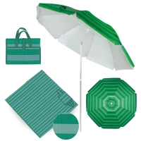 Kit Guarda Sol 2,40m Articulado + Esteria de Praia de Casal 2,0m X 1,5m Verde Listrado