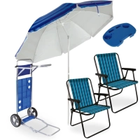 Kit Guarda Sol 2,40m Articulado + 2 Cadeiras de Praia Xadrez + Carrinho C/ Avano + Mesa Porta Copos Porttil