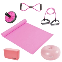 Kit Bola Donut 45cm + Elstico Leve com Alas + Elstico 8 Leve + Colchonete + Bloco de Apoio + Roda Abdominal Rosa