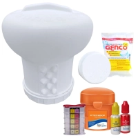 Kit Clorador Flutuante Grande Netuno / Netuninho + Avaliador Ph e Cloro + Pastilha de Cloro