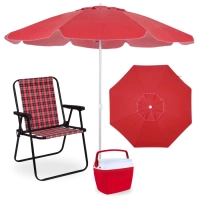 Kit Cadeira de Praia Alta Xadrez + Guarda Sol 2 Metros em Bagum + Caixa T�rmica 6 Litros Pequena
