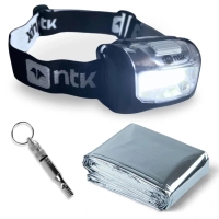 Kit Manta Trmica Aluminizada para Resgate + Apito de Emergncia Survivor + Lanterna de Cabea Cobb