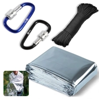 Kit Manta Trmica Aluminizada para Emergncia + Par de Mosqueto + Paracord Corda 10 M Preta