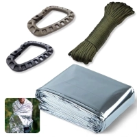 Kit Manta Trmica Aluminizada para Emergncia + Par de Mosqueto Quick Tatic + Paracord Corda 10 M Verde