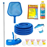 Kit Haste 2m + Peneira, Aspirador e Mangueira 6m 38mm + Clarificante, Cloro 1kg + Mini Clorador e 4 Pastilhas