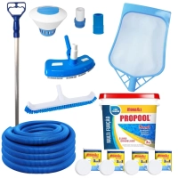 Kit Limpeza de Piscina 14 Itens Haste, Peneira, Aspirador, Mangueira 10m, Balde de Cloro e Acessrios
