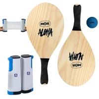 Kit Jogo Frescobol em Madeira com Bolinha Modelo Aloha + Rede Retratil com At 1,60m Ajustvel