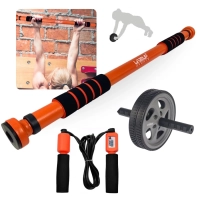 Kit Barra para Porta Ajustvel de 65cm a 95cm + Corda de Pular Analogica com Rolamento + Roda para Abdominal
