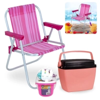 Kit Cadeira de Praia Infantil Rosa + Baldinho de Praia com 8 Peas Rosa + Caixa Termica 6 Litros Rosa