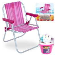 Kit Cadeira de Praia Infantil Rosa Bel + Baldinho de Praia / Brinquedo de Praia com 8 Peas Rosa