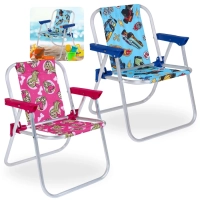 Kit 2 Cadeiras de Praia Infantil Rosa Barbie e Azul Hot Wheels em Aluminio Dobravel Bel