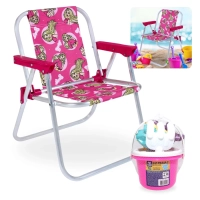 Kit Cadeira de Praia Infantil Rosa Barbie Bel + Baldinho de Praia com 8 Peas na Cor Rosa