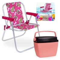 Kit Cadeira de Praia Infantil Rosa Barbie Bel + Caixa Termica Rosa Pequena 6 L para Passeios Parque