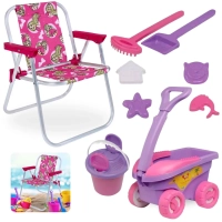 Kit Cadeira de Praia Infantil Rosa Barbie + Baldinho, Pazinha, Rastelo Brinquedos de Areia
