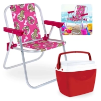 Kit Cadeira de Praia Infantil Rosa Barbie + Caixa Termica Vermelha Pequena 6 L para Passeios Parque Lanches