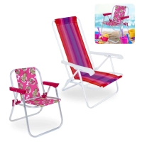 Kit Cadeira de Praia Infantil da Barbie Rosa + Cadeira Adulto 4 Posies em Ao Colorida
