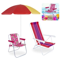 Kit Cadeira de Praia Infantil da Barbie + Cadeira Adulto 4 Posies Ao + Guarda Sol 1,50m