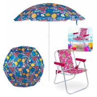 Kit Cadeira de Praia Infantil Bel em Aluminio Rosa Barbie + Guarda Sol Colorido 1,30m