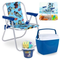 Kit Cadeira de Praia Infantil Hot Wheels + Caixa Termica 6 Litros Azul + Baldinho de Praia 8 Peas Colorido
