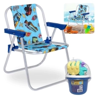 Kit Cadeira de Praia Infantil Azul Hot Wheels + Baldinho de Praia com 8 Peas em Cores Sortidas