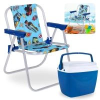 Kit Cadeira de Praia Infantil Azul Hot Wheels + Caixa Termica Azul Pequena 6 L para Passeios Parque