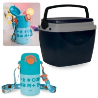 Kit Garrafa Trmica Kids Azul 500ml Ao Inox Ala e Canudo + Caixa Trmica 6 Litros Pequena Preta