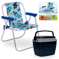 Kit Cadeira de Praia Infantil Azul Hot Wheels + Caixa Termica Preta Pequena 6 L para Passeios Parque