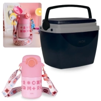 Kit Garrafa Trmica Kids Rosa 500ml Ao Inox Ala e Canudo + Caixa Trmica 6 Litros Pequena Preta
