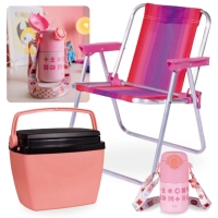 Kit Garrafa Trmica Kids 500ml Ao Inox + Cadeira de Praia Infantil Rosa + Caixa Trmica 6 Litros Pequena