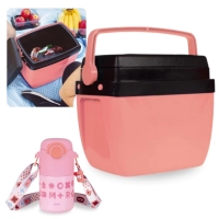 Kit Garrafa Trmica Kids Rosa 500ml Ao Inox Ala e Canudo + Caixa Trmica 12 Litros Rosa