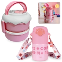Kit Garrafa Trmica Rosa 500ml Ao Inox Ala e Canudo + Lancheira Infantil com Talheres 2 Andares Rosa