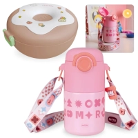 Kit Garrafa Trmica Rosa 500ml Ao Inox Ala e Canudo + Lancheira Infantil com Divisria Donuts Rosa