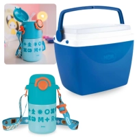 Kit Garrafa Trmica Kids Azul 500ml Ao Inox Ala e Canudo + Caixa Trmica 6 Litros Pequena Azul