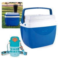 Kit Garrafa Trmica Kids Azul 500ml Ao Inox Ala e Canudo + Caixa Trmica 12 Litros Azul