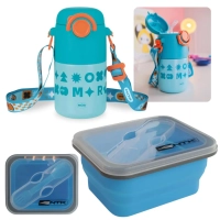 Kit Garrafa Trmica 500ml Ao Inox e Ala + Pote de Silicone Retrtil com Garfo 700ml Mini Bento Ntk