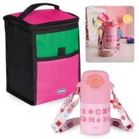Kit Bolsa Trmica Porttil de 5 Litros Colorida + Garrafa Trmica Infantil Rosa 500 Ml Inox com Ala