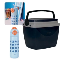 Kit Garrafa Trmica Azul 480ml Ao Inox Ala e Canudo Kids + Caixa Trmica 6 Litros Pequena Preta