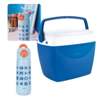 Kit Garrafa Trmica Azul 480ml Inox Ala e Canudo Kids + Caixa Trmica 6 Litros Pequena Azul