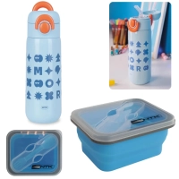 Kit Garrafa Trmica 480ml Azul em Inox com Ala + Pote de Silicone Retrtil com Garfo 700ml Mini Bento Ntk