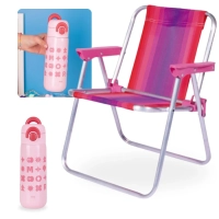 Kit Garrafa Trmica 480ml Inox e Ala Rosa Kids + Cadeira de Praia Infantil Rosa Mor