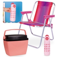 Kit Garrafa Trmica 480ml em Inox Rosa Kids + Cadeira de Praia Infantil Mor + Cooler 6 Lts Pequeno Rosa