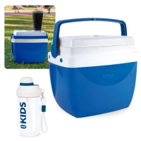 Kit Garrafa Infantil 660ml Azul Squeeze Ala e Canudo + Caixa Trmica 12 Litros Azul