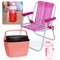 Kit Garrafa 660ml Squeeze Rosa + Cadeira de Praia Infantil Bel + Cooler 6 Lts Rosa Pequeno