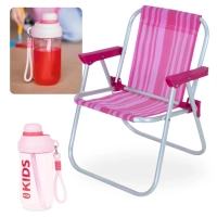 Kit Garrafa 660ml Squeeze Rosa Kids + Cadeira de Praia Infantil em Aluminio Bel