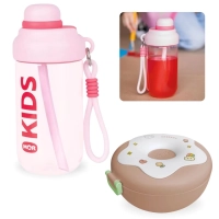 Kit Garrafa Rosa 660ml Squeeze com Ala e Canudo + Lancheira Infantil com Divisria Donuts Rosa